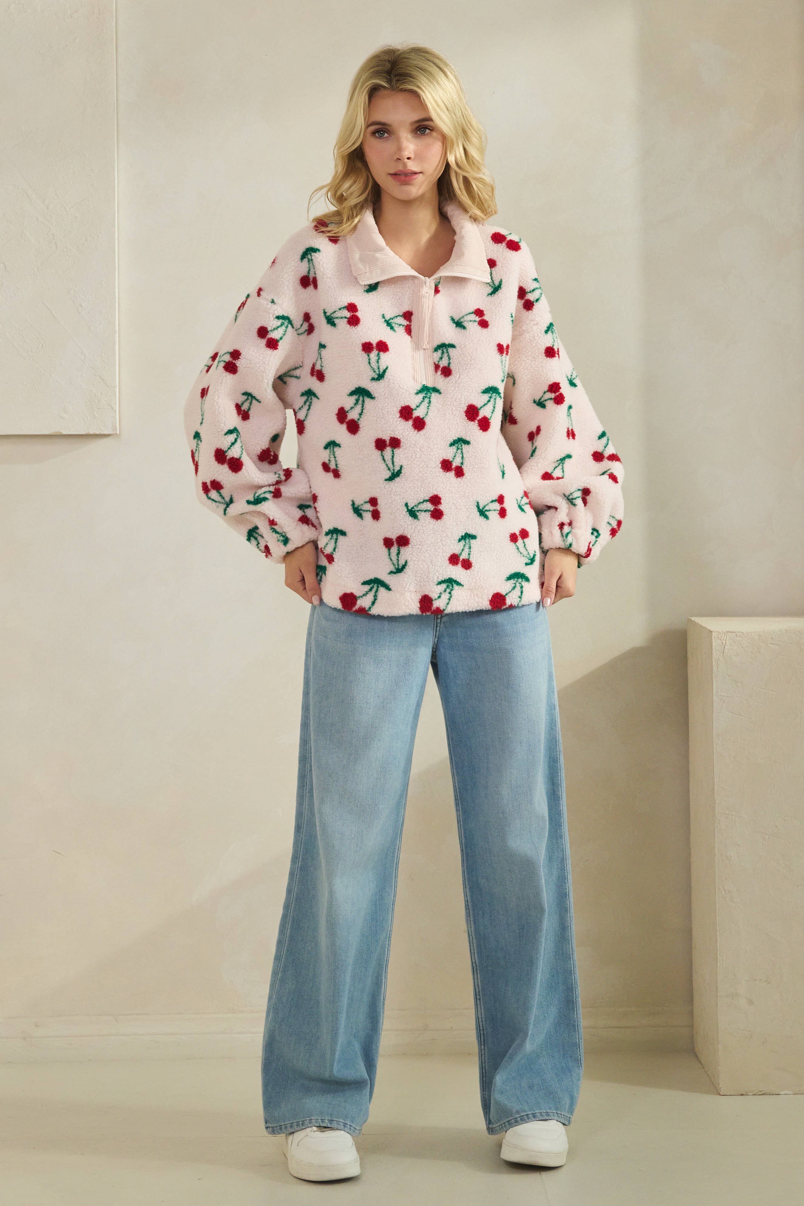 Cherry Printed Quarter Zip Sweater