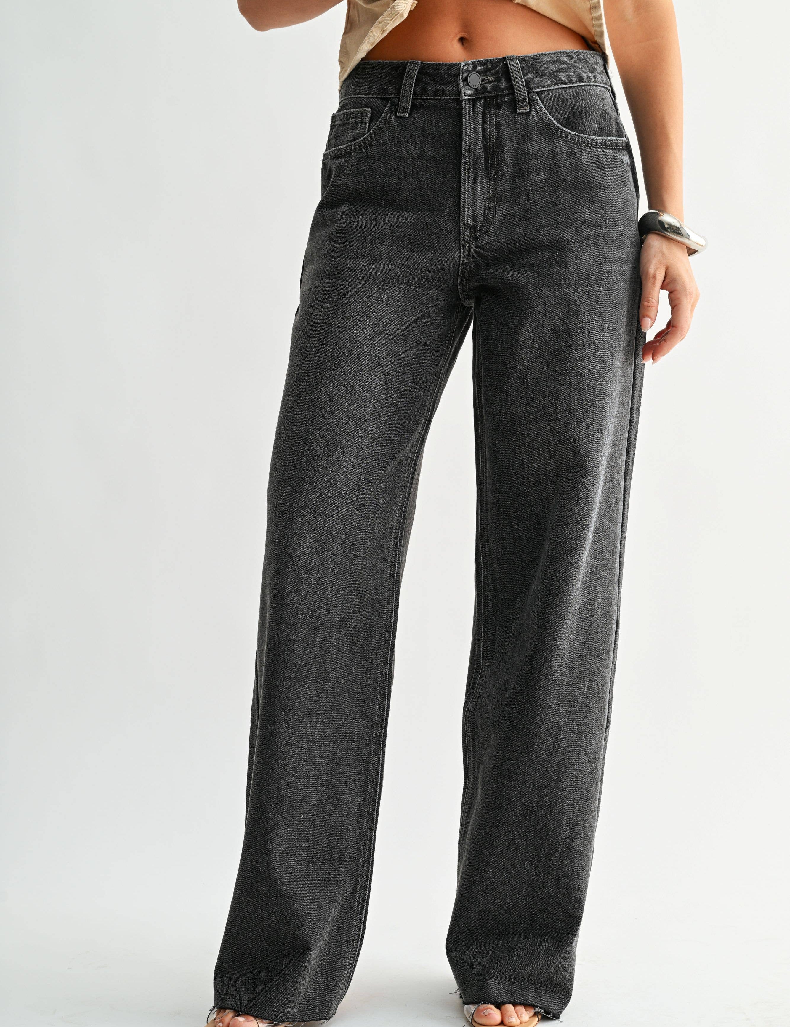 Black High Rise Full Length Wide Leg — distressed detailing