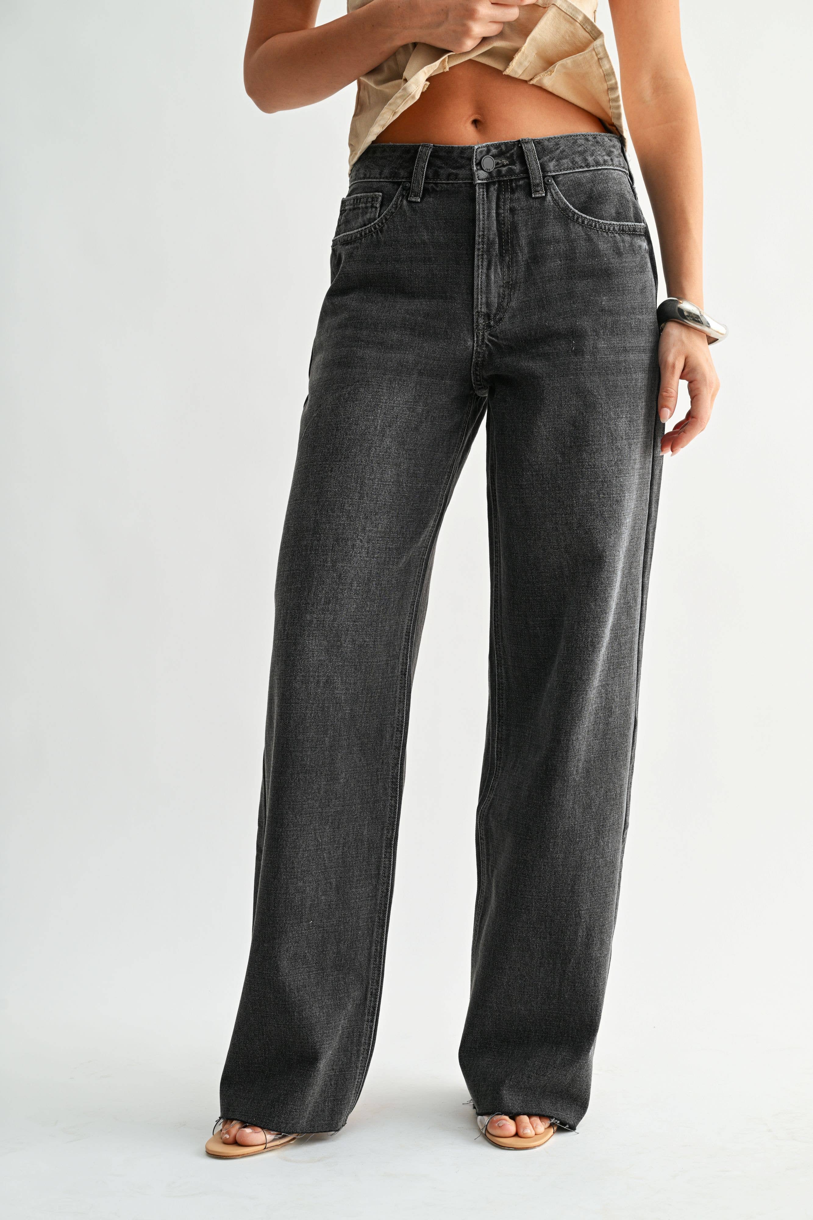 Black High Rise Full Length Wide Leg — distressed detailing