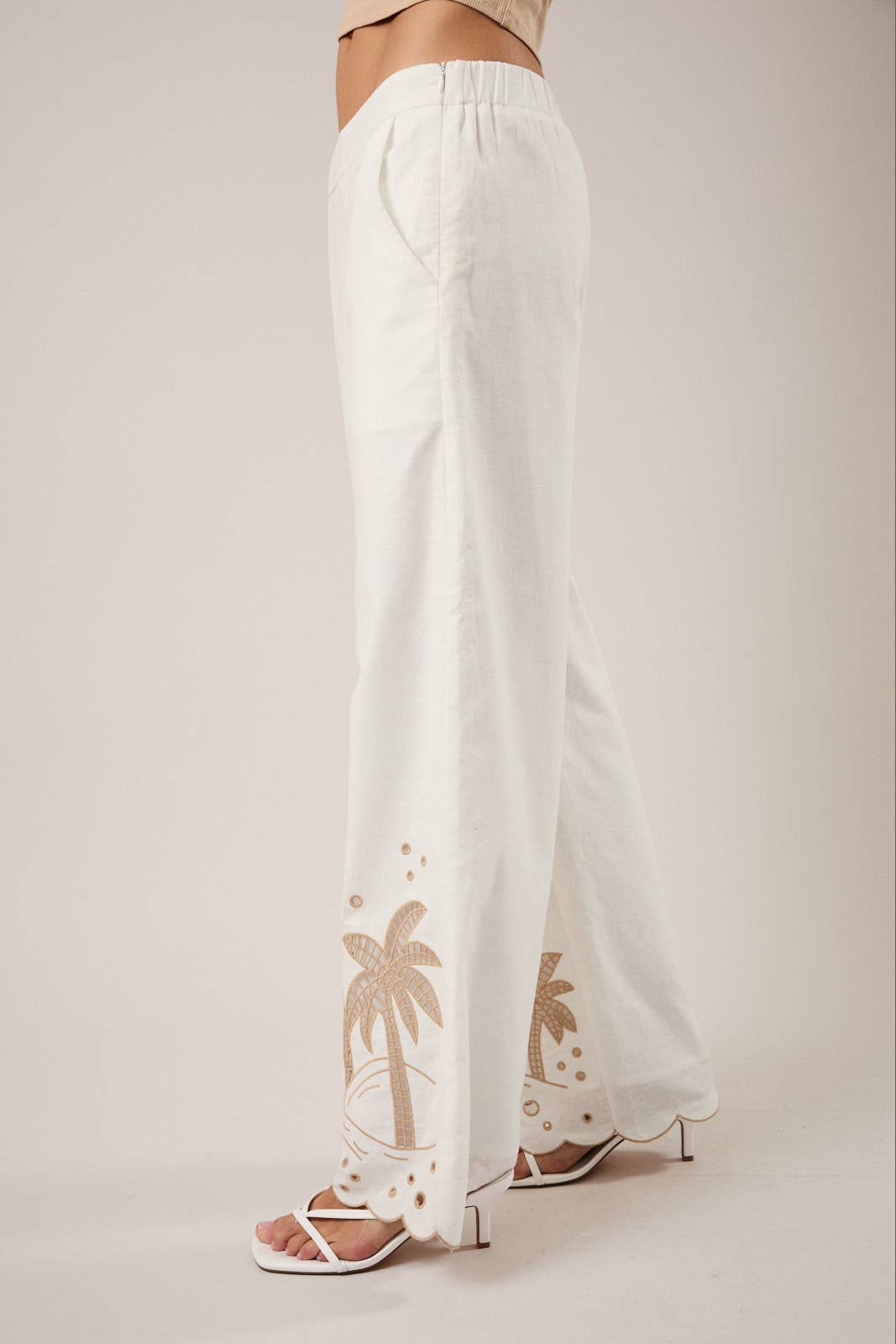 White Palm Tree Embroidered Linen Pants