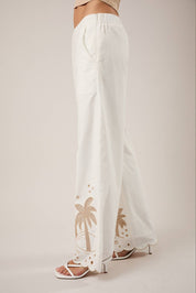 White Palm Tree Embroidered Linen Pants