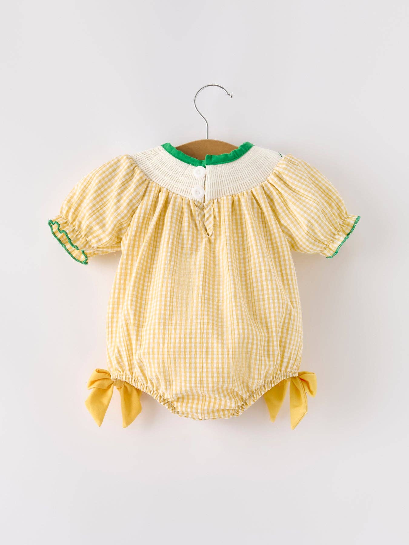 Yellow Plaid Floral Smocking Embroidered Baby Girl Romper