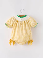 Yellow Plaid Floral Smocking Embroidered Baby Girl Romper