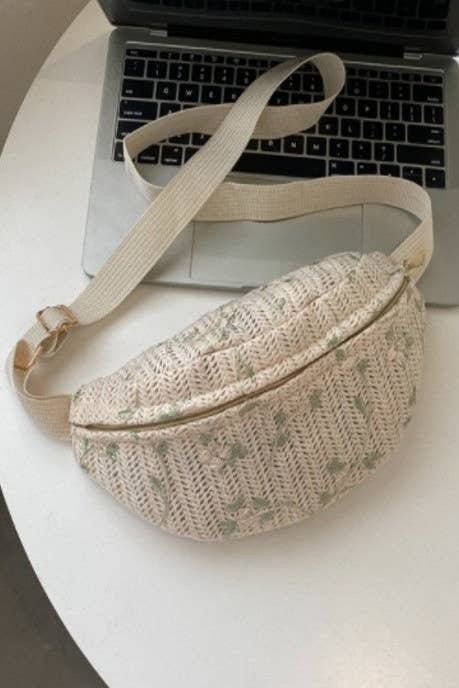 RAFFIA STRAW WAIST FANNY PACK CROSSBODY BELT BAG