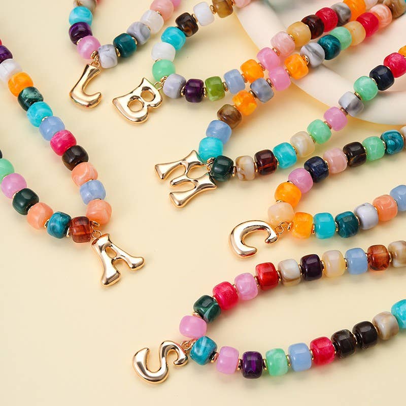 Multicolor Chunky Bead Initial Necklace