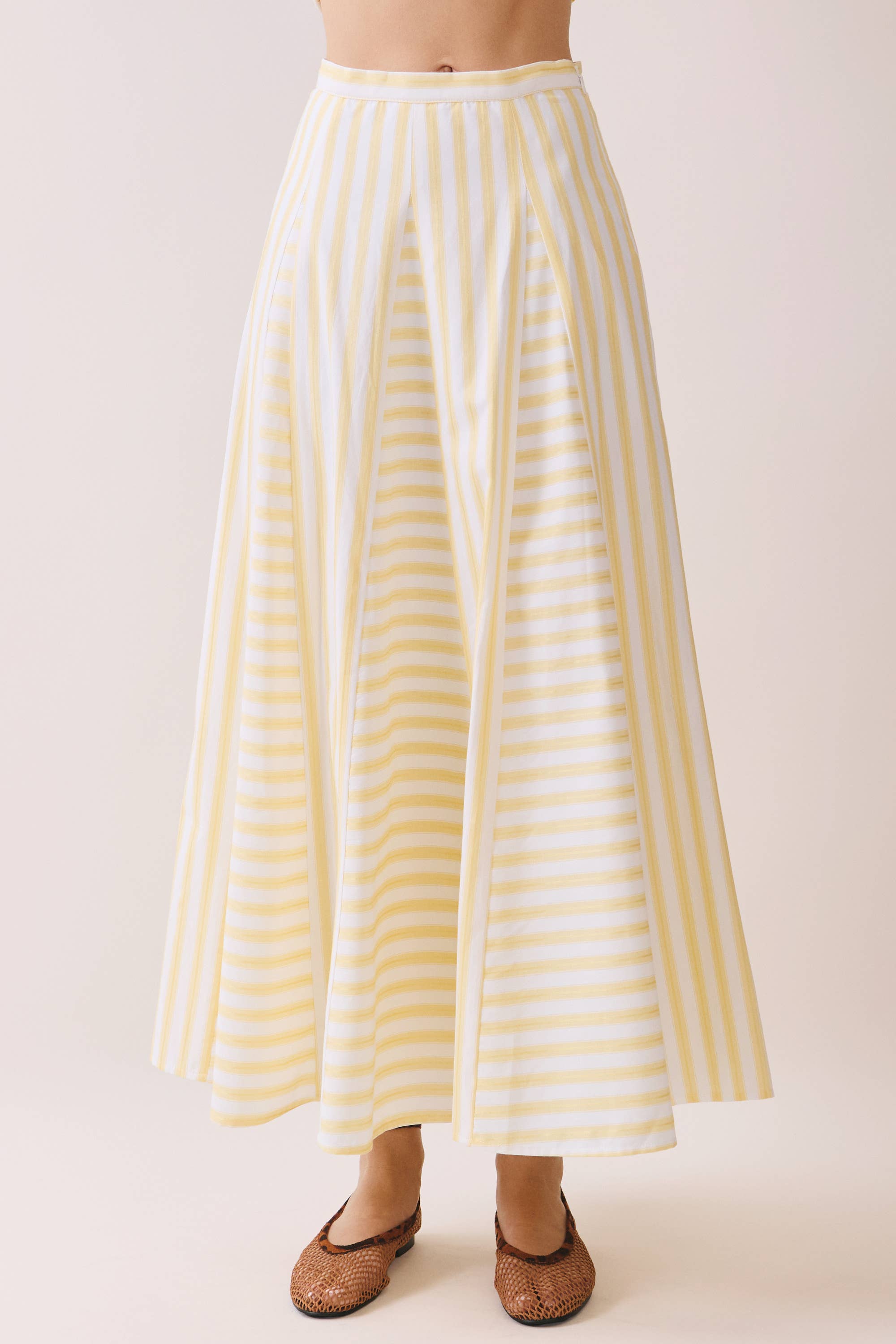 Yellow Striped Paneled Midi Skirt