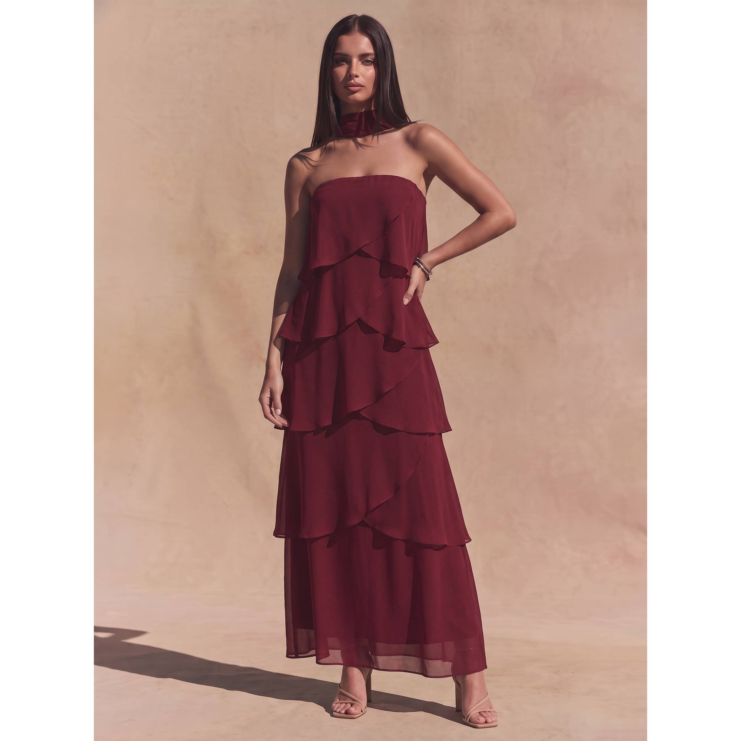 Maroon Strapless Tiered Midi Dress — color: deep wine and strapless neckline