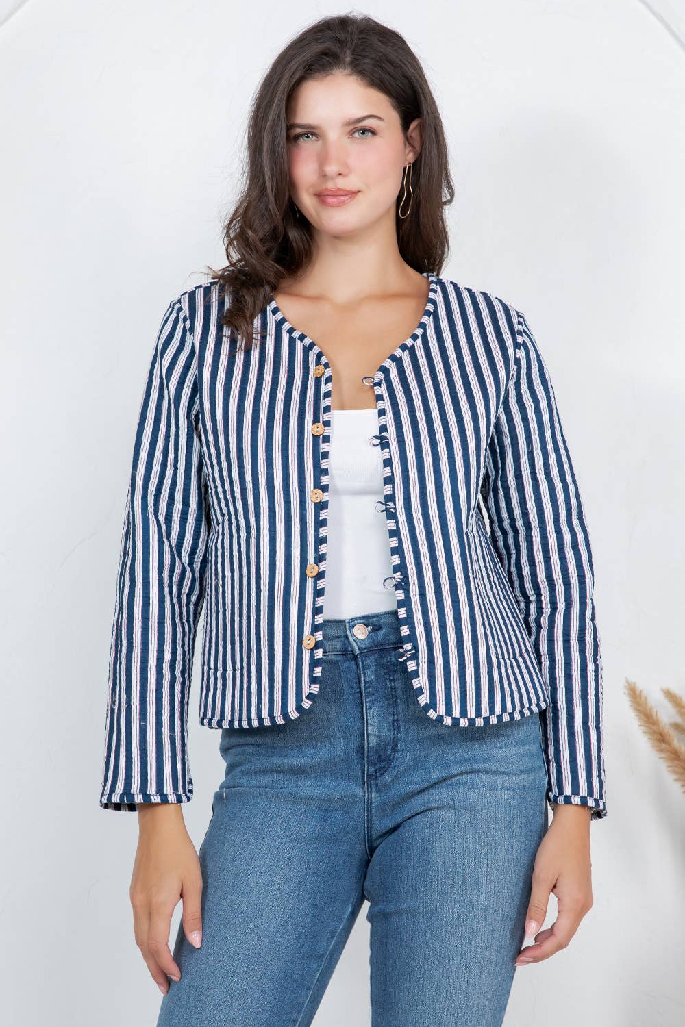 Blue & White Floral Print Quilted Jacket