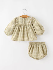 Gingham Baby Romper with Long Sleeve Puff Design — view 11