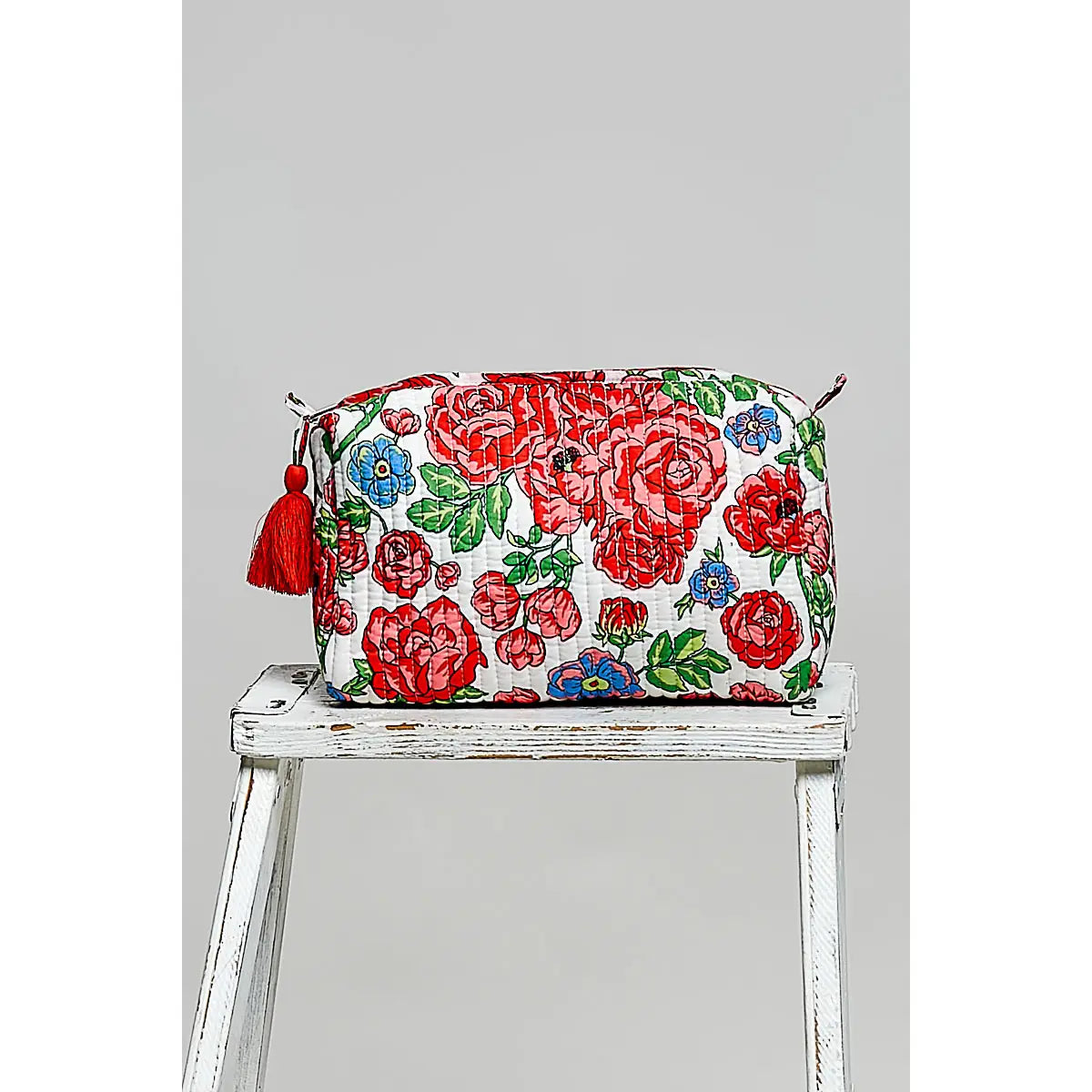 Red Floral Quilted Cosmetic Pouch — height: 9" and length: 9-1/2"