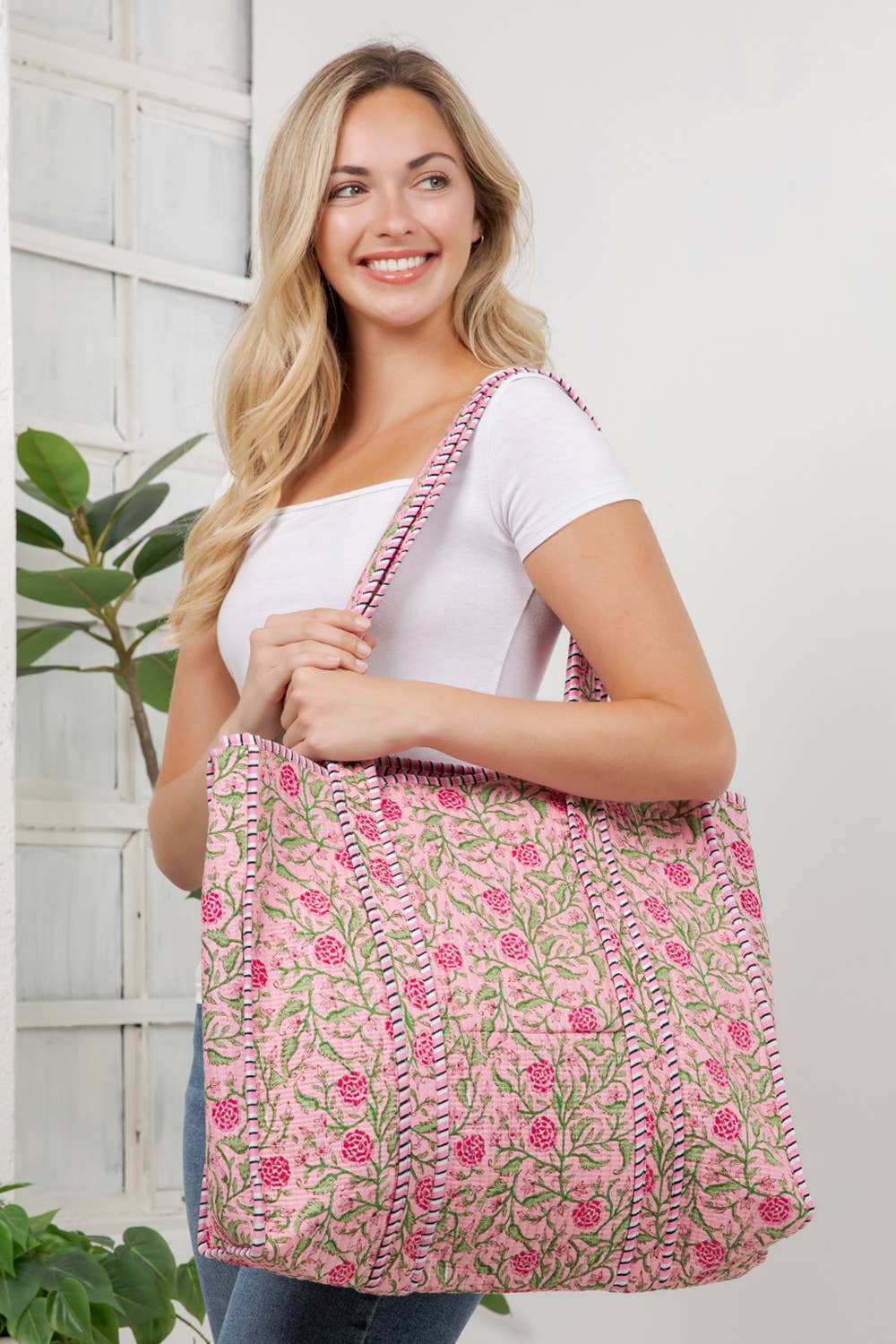 Pink Floral Reversible Quilted Tote Bag