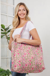 Pink Floral Reversible Quilted Tote Bag