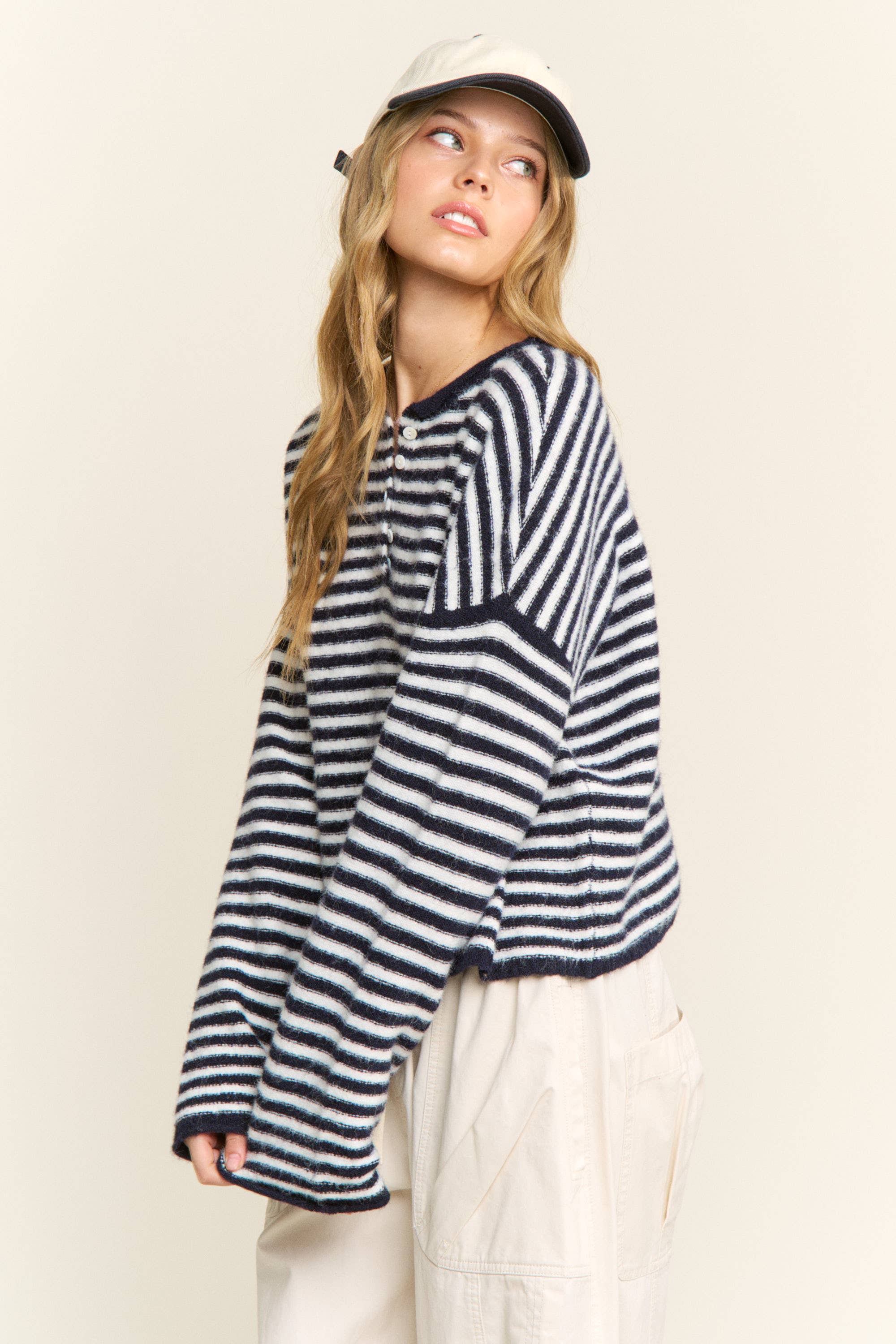 Navy Striped Henley Knit Sweater