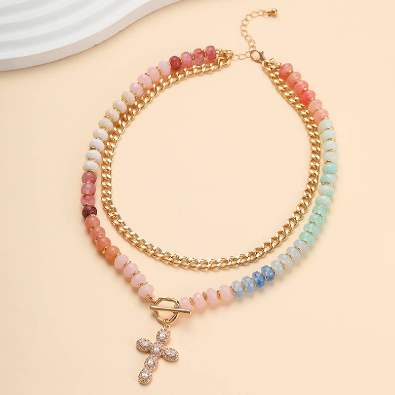 Pink Layered Cross Bead Necklace