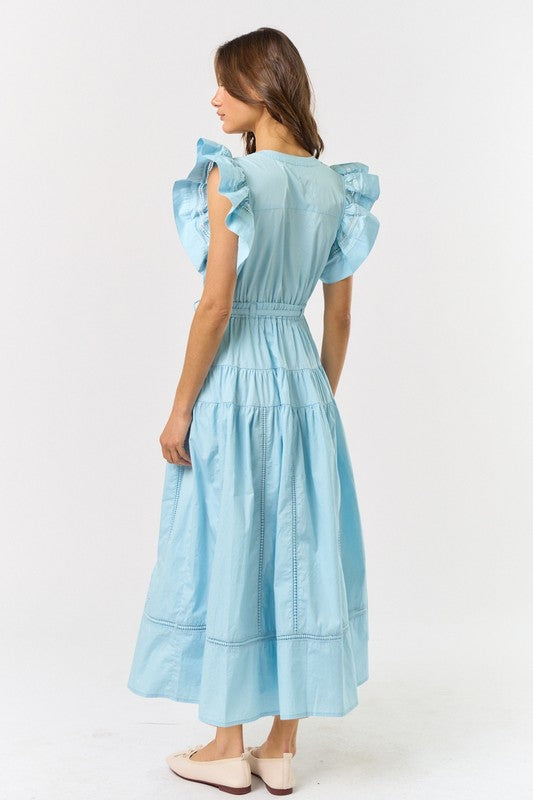 Blue Ruffle Sleeve Maxi Dress