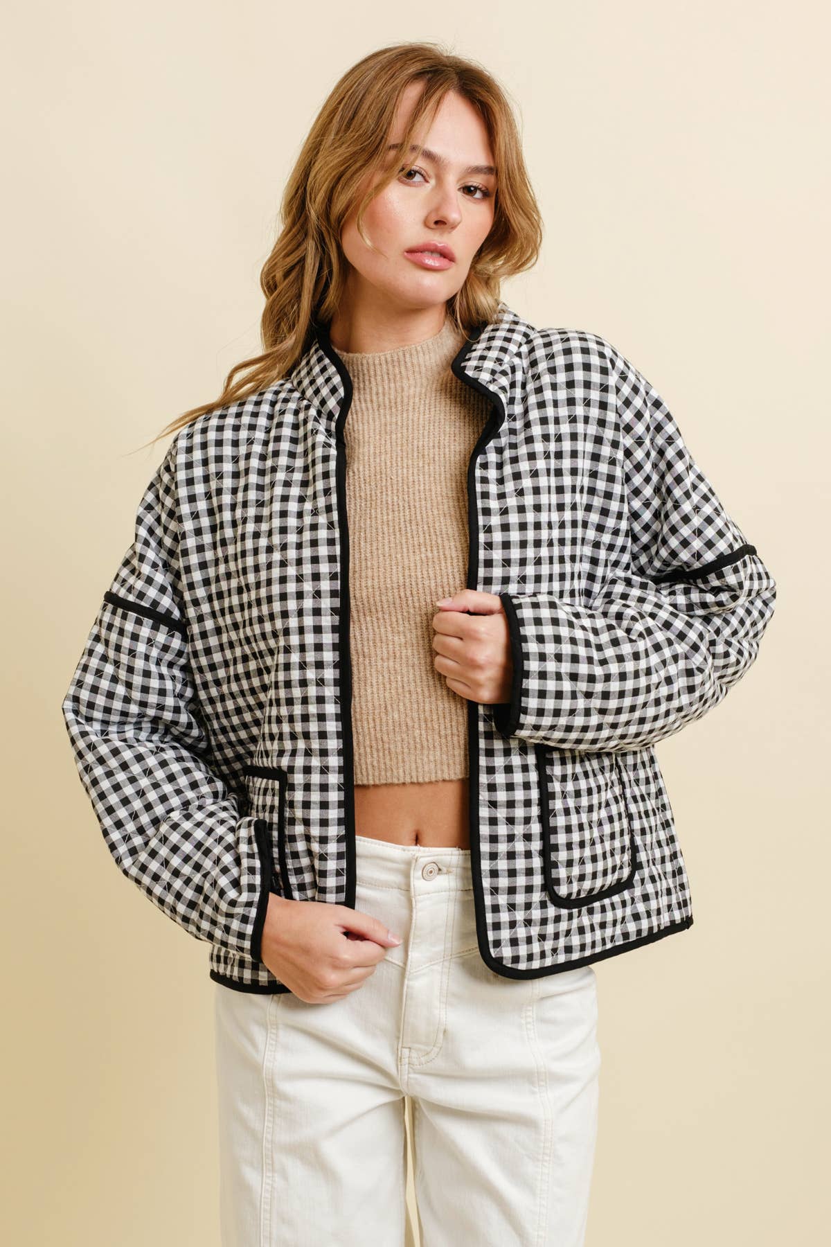 Black Quilted Gingham Jacket showing functional patch pockets at the front