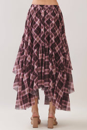 Brown Plaid Asymmetrical Tiered Skirt