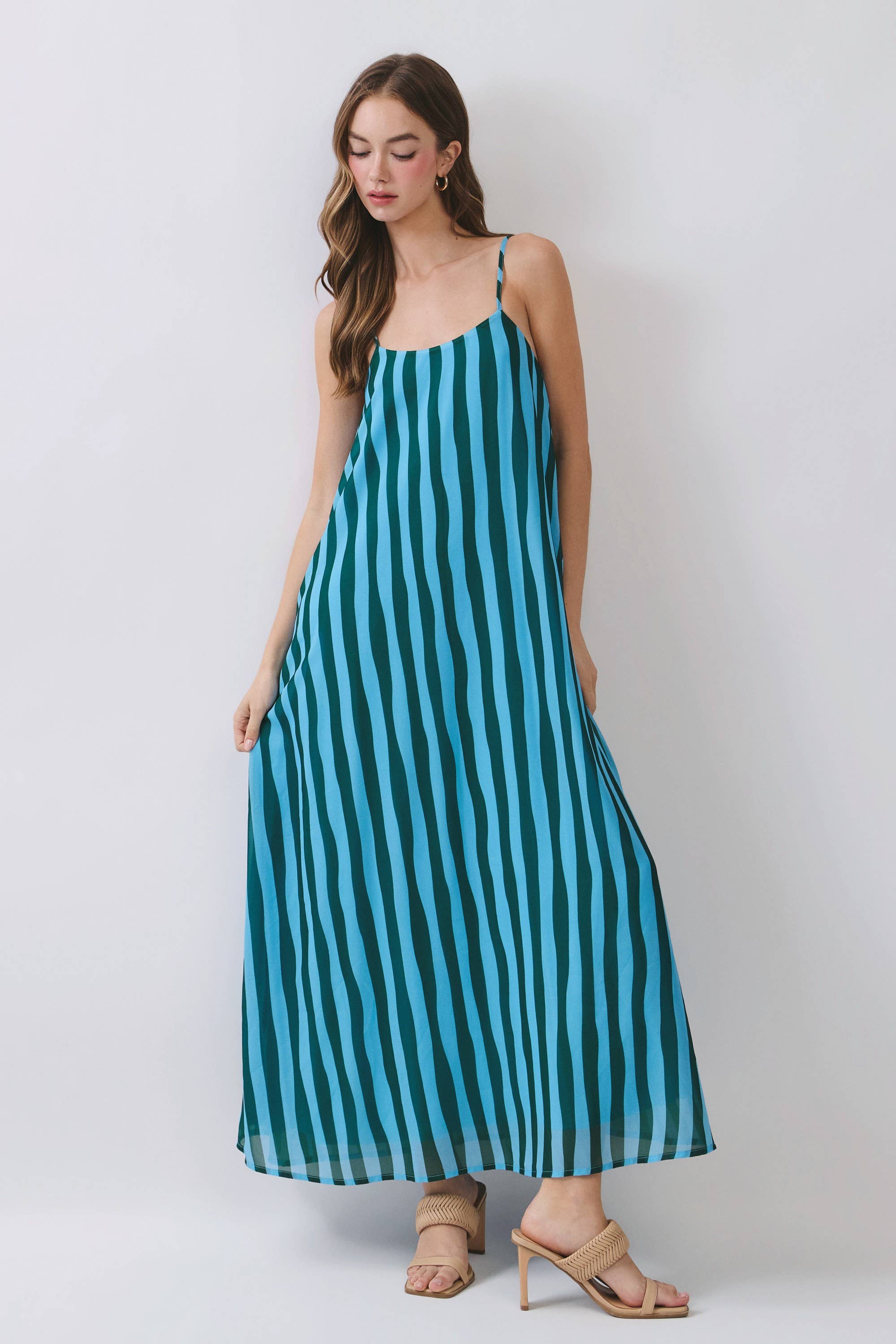 Blue Striped Scoop Neck Maxi Dress