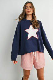 Navy Drop Shoulder Star Pattern Sweater