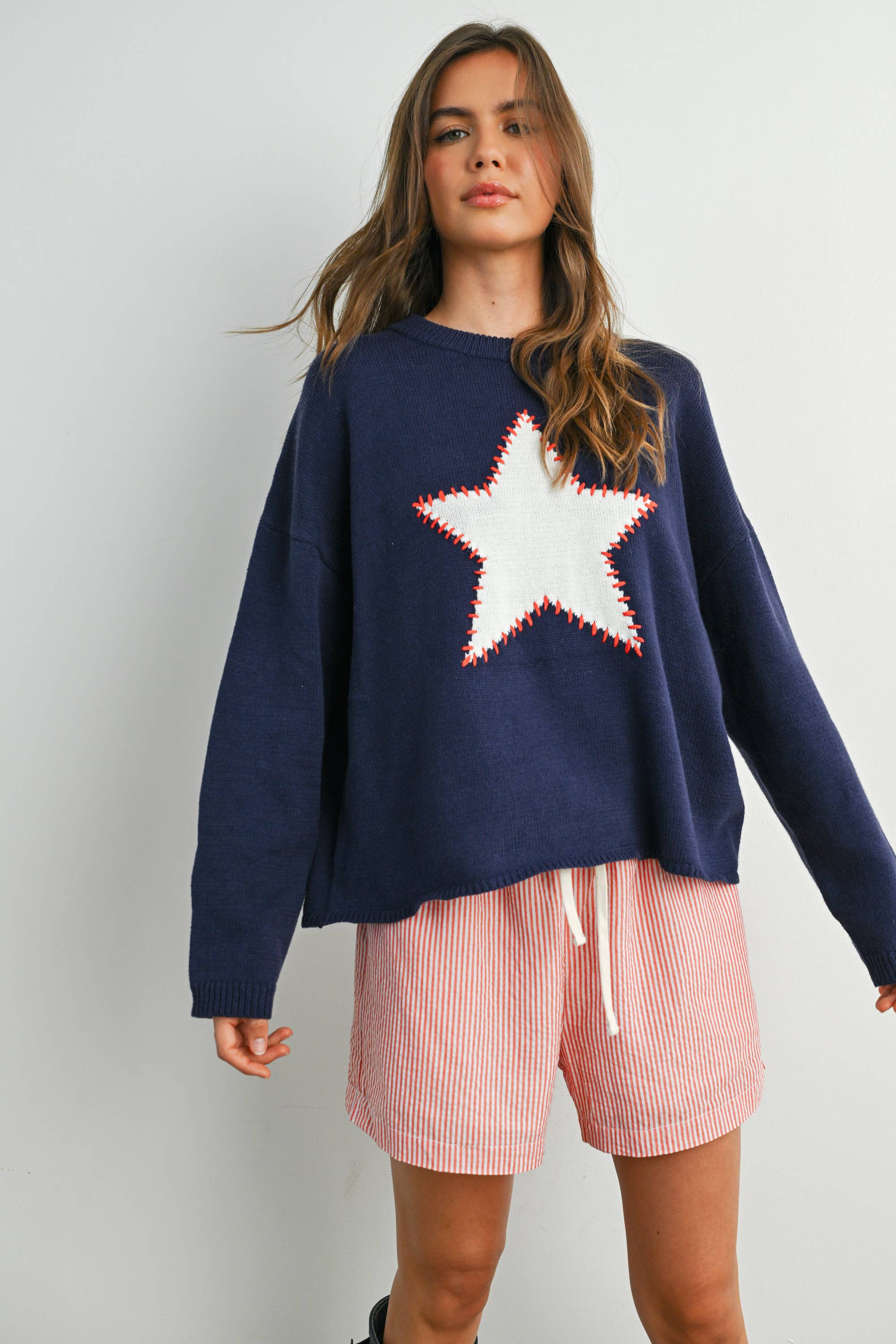 Navy Drop Shoulder Star Pattern Sweater