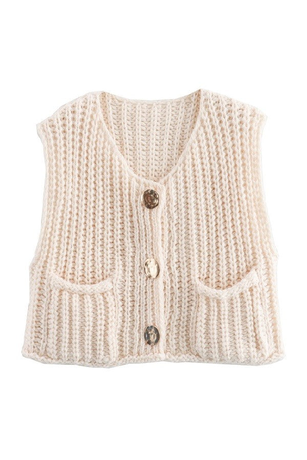 Beige Solid Round Neck Sweater Vest