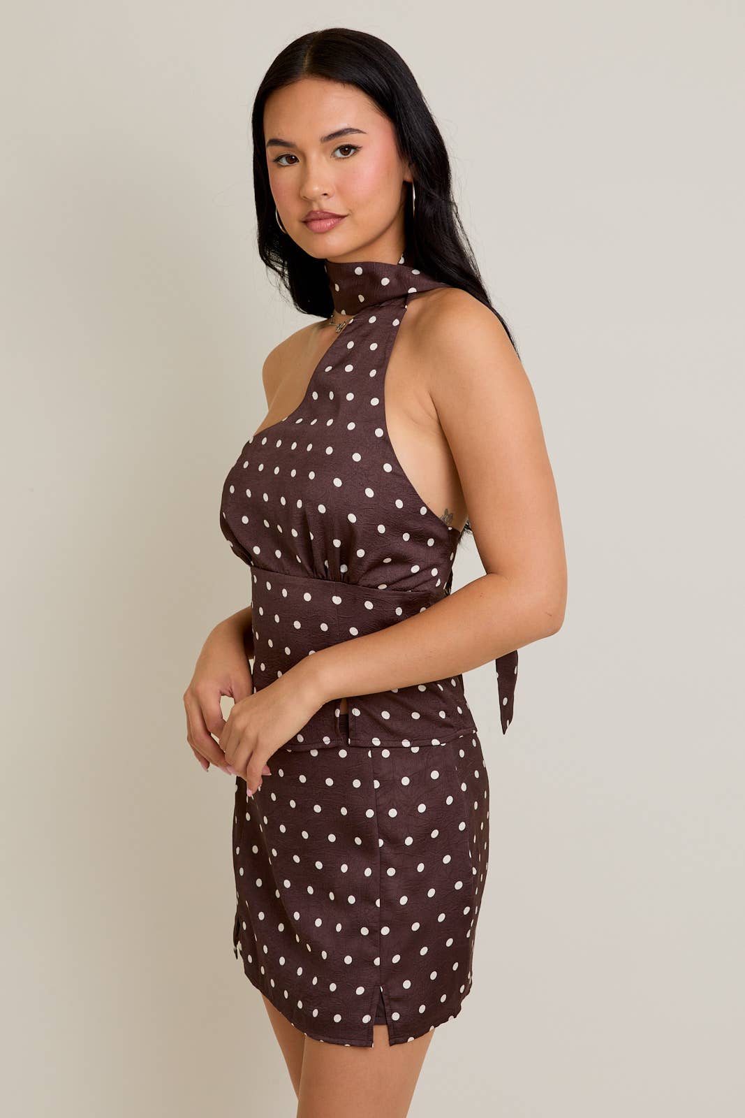 Halter Neckline Polka Dot Top & Low Rise Skirt