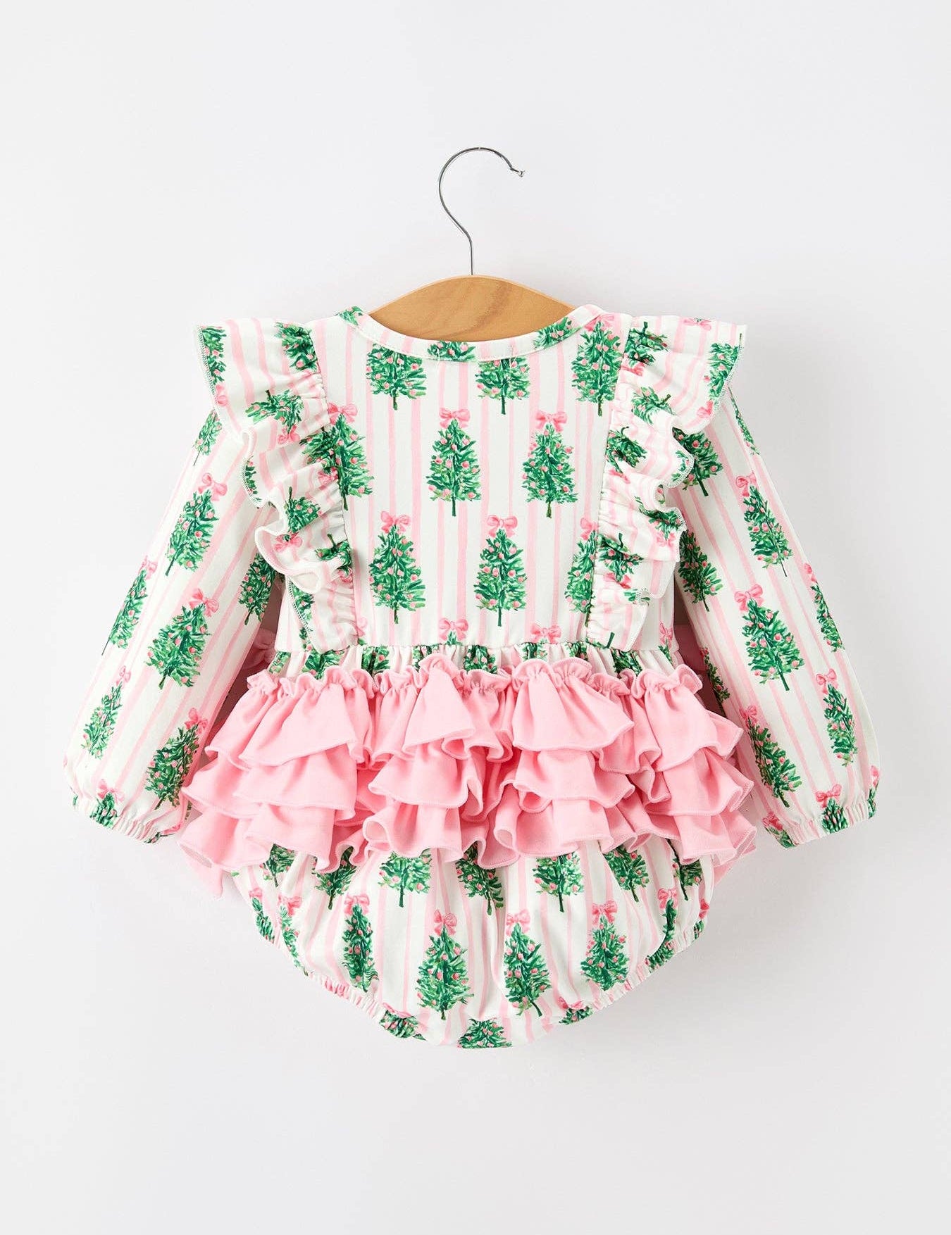 Christmas Tree Ruffle Bubble Romper showing ruffle details
