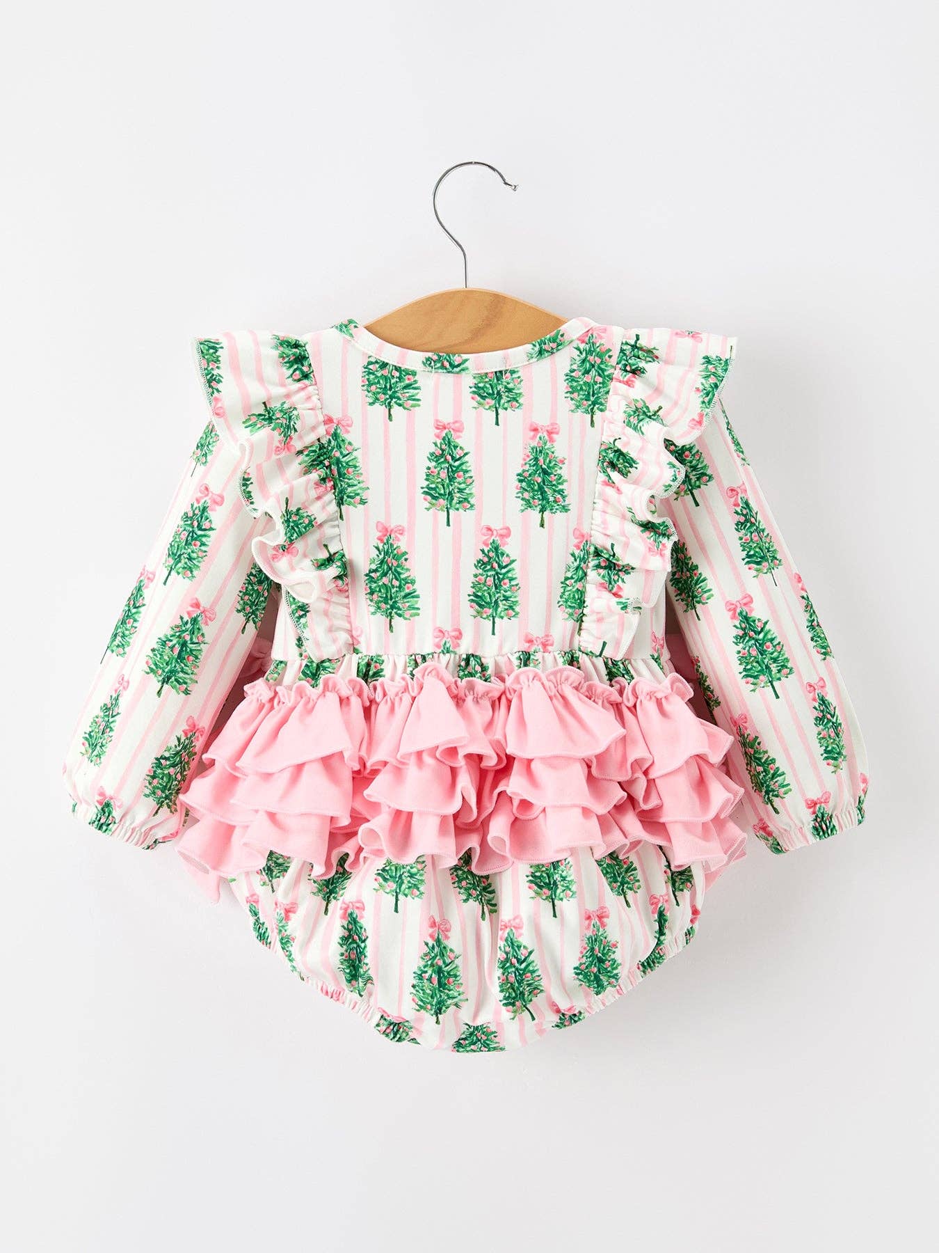 Christmas Tree Ruffle Bubble Romper showing ruffle details