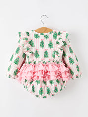 Christmas Tree Ruffle Bubble Romper showing ruffle details