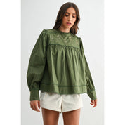 Green Puff Sleeve Embroidered Blouse