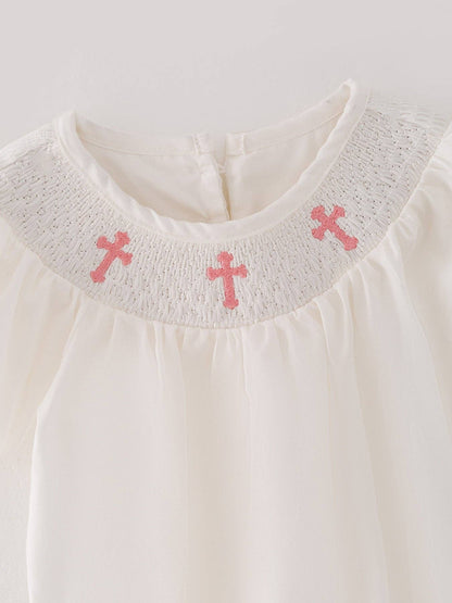 White Smocking Embroidered Crucifix Girls