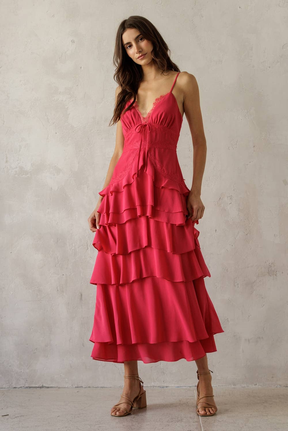 Pink Lace Trim Tiered Midi Dress