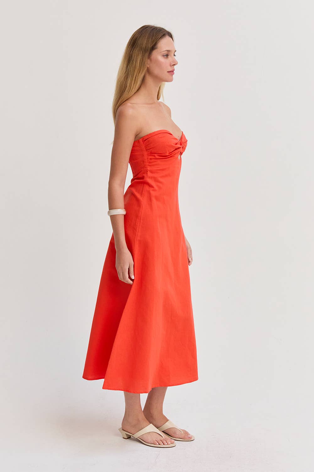 Orange Linen Front Twist Midi Dress