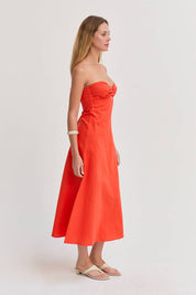 Orange Linen Front Twist Midi Dress