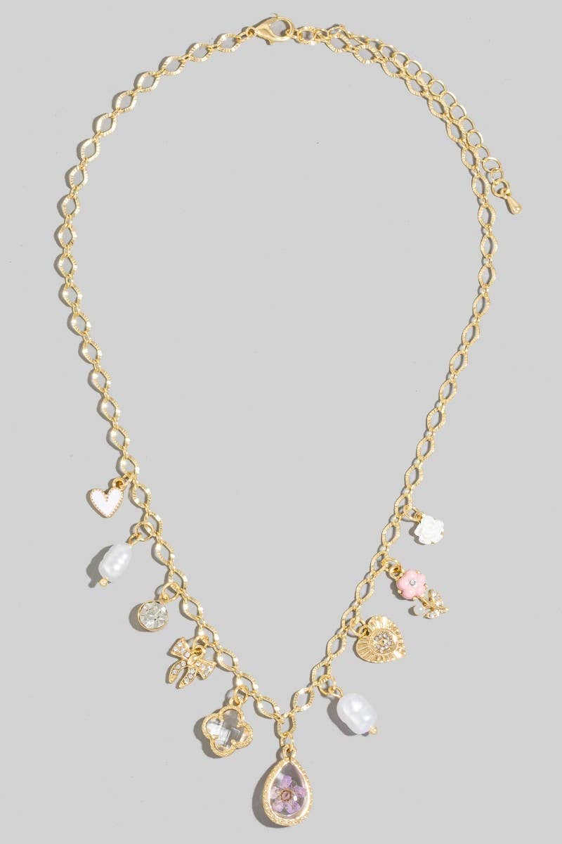 Heart Pearl And Floral Charms Chain Necklace