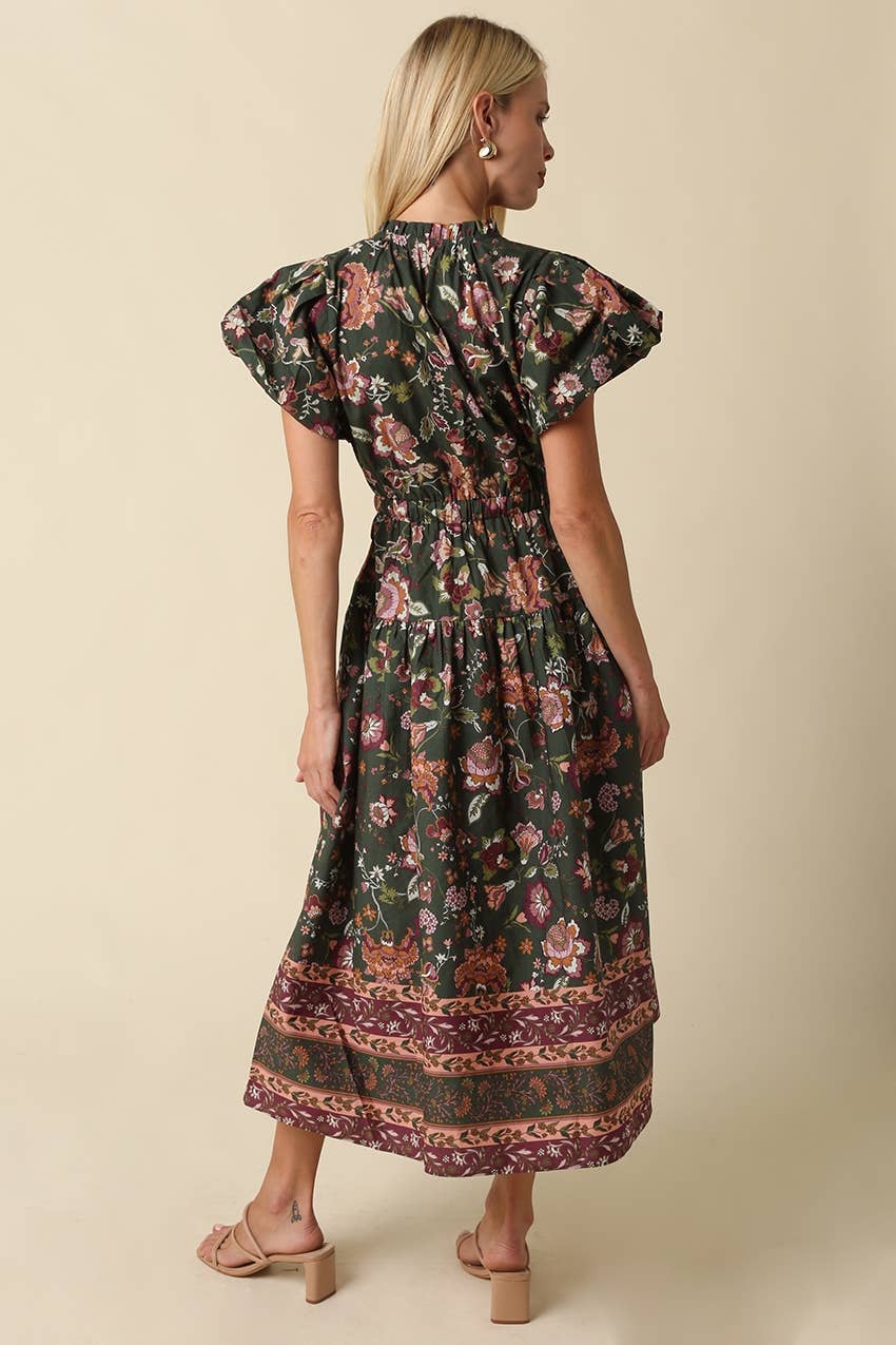 Green Bubble Sleeve Floral Midi Dress