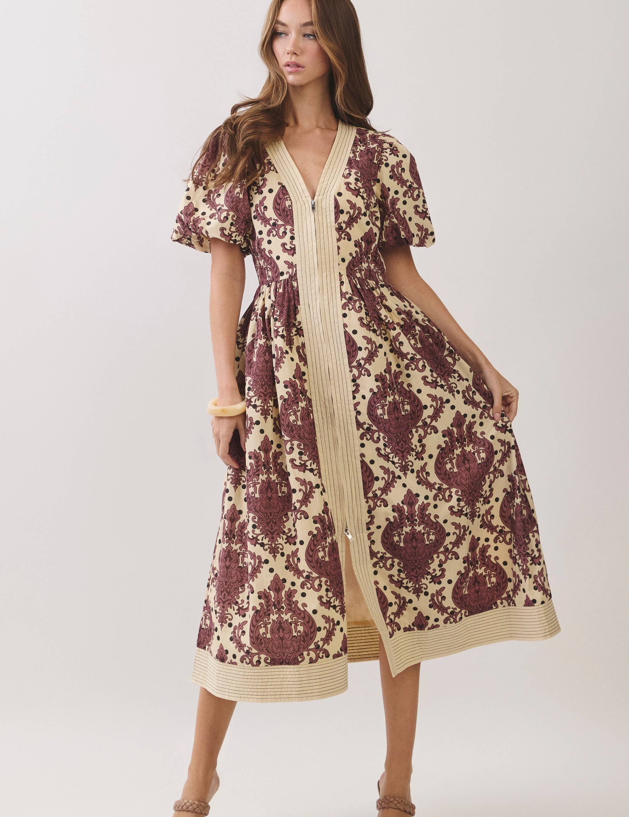 Cream & Burgundy Paisley Midi Dress — v-neckline and short puff sleeves