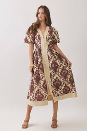 Cream & Burgundy Paisley Midi Dress — v-neckline and short puff sleeves