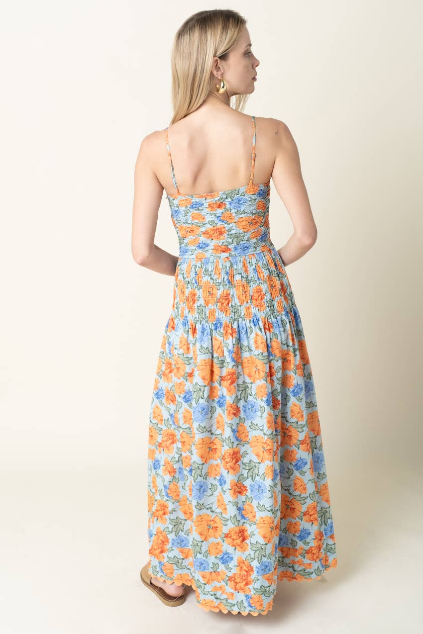 Blue & Orange Blossom Smocked Maxi Dress