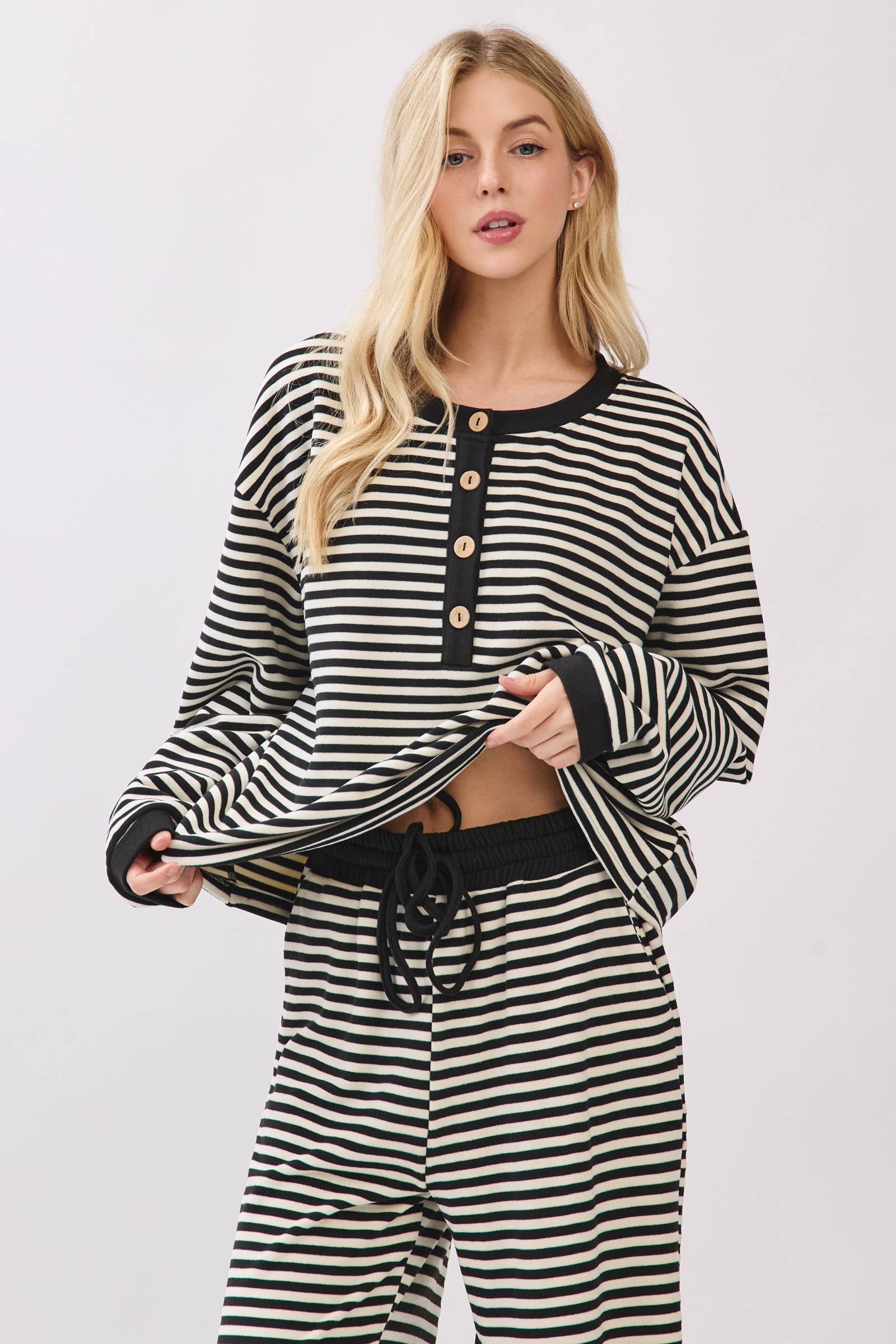 Striped Button Henley Brushed Lounge Set