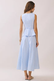 Blue Striped Tie Waist Peplum Top