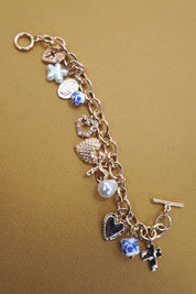 CERAMIC PORCELAIN HEART BOW PEARL CHARM BRACELET