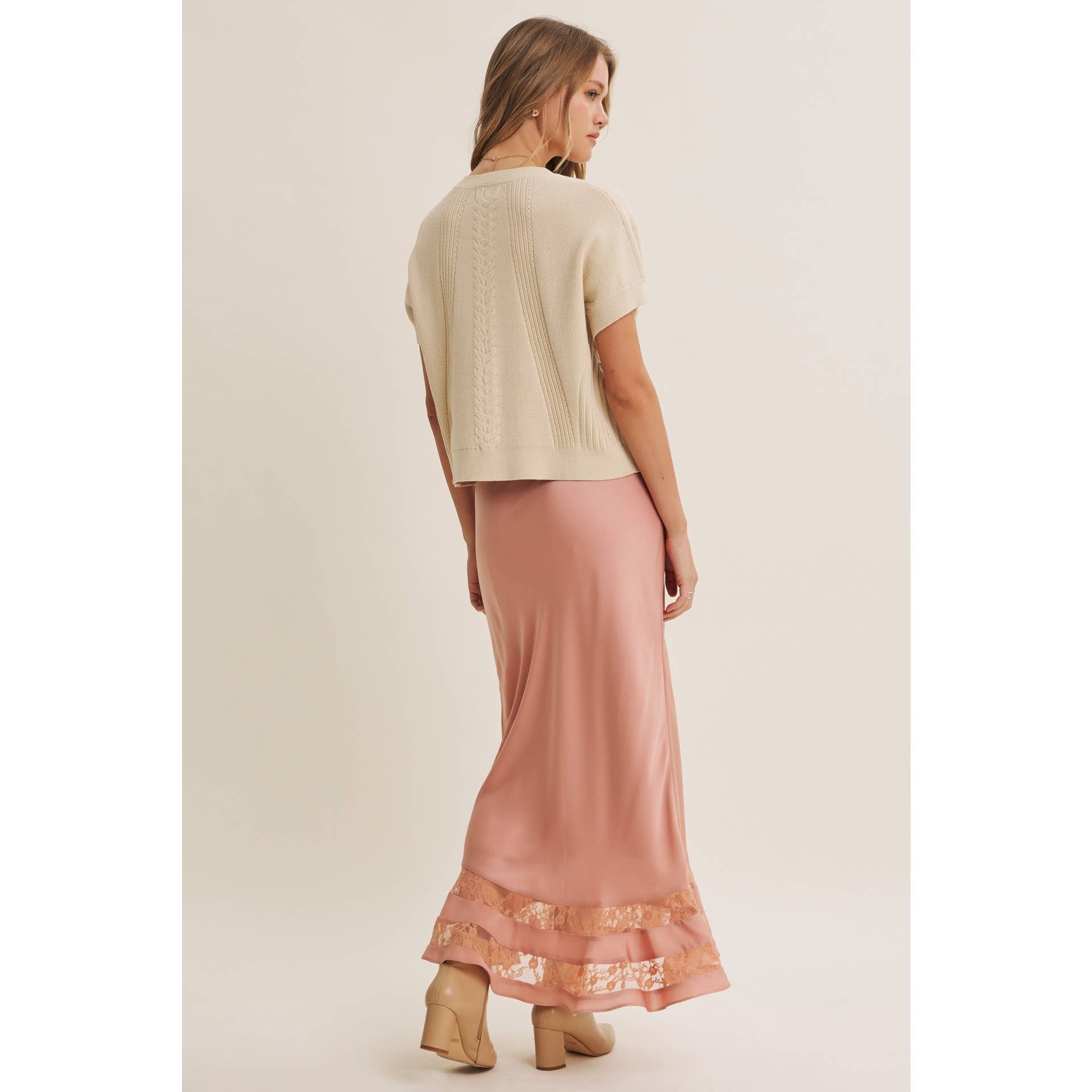 Coral Satin Lace Maxi Skirt