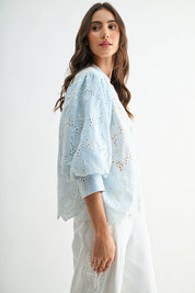 Light Blue Eyelet Puff Sleeve Top