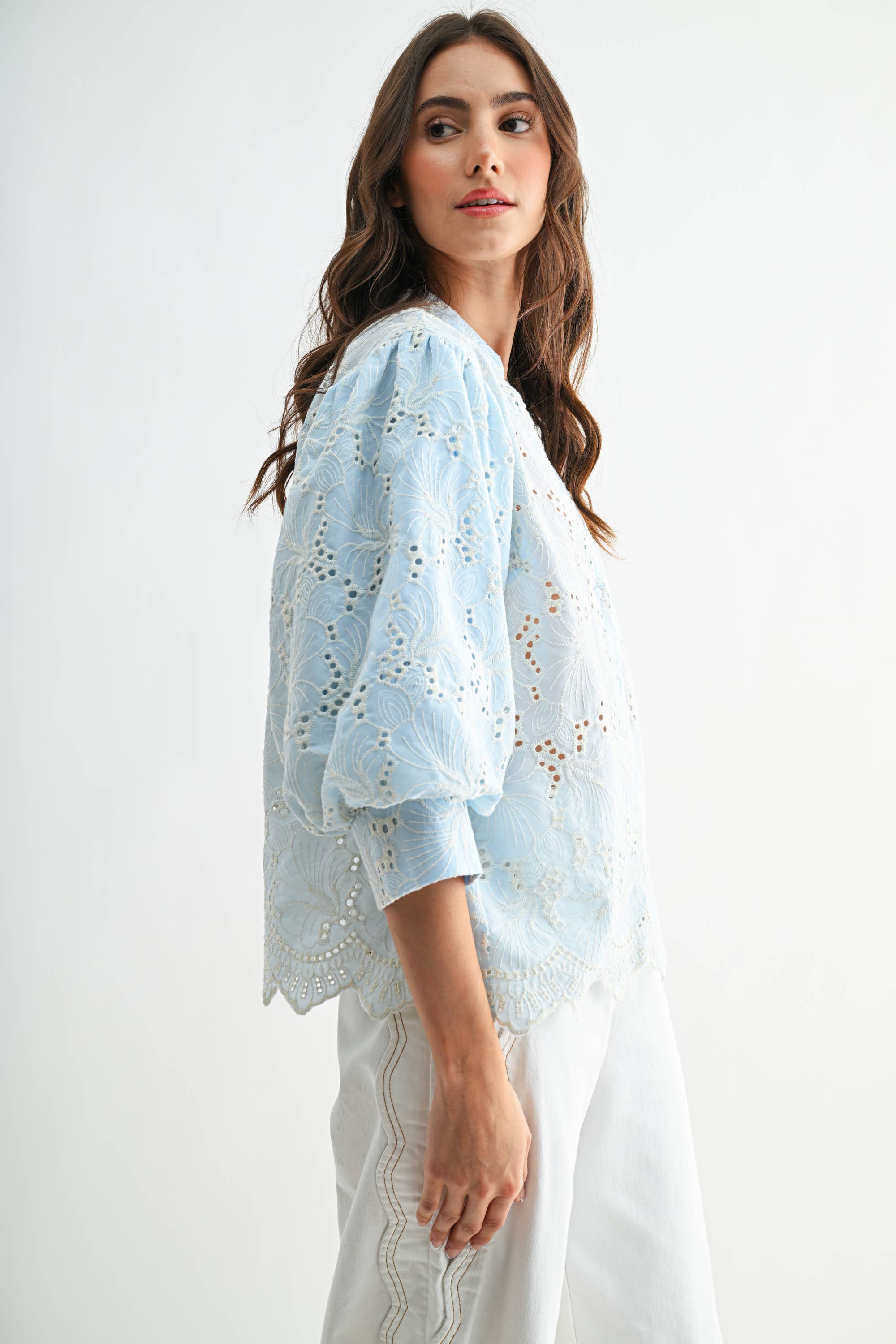 Light Blue Eyelet Puff Sleeve Top