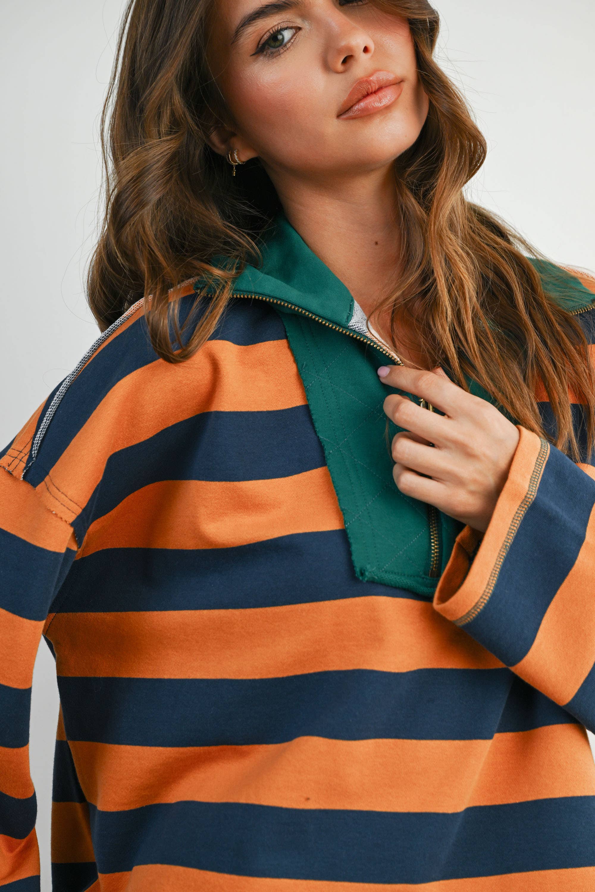 Green Striped Quarter-Zip Contrast Collar Sweatshirt