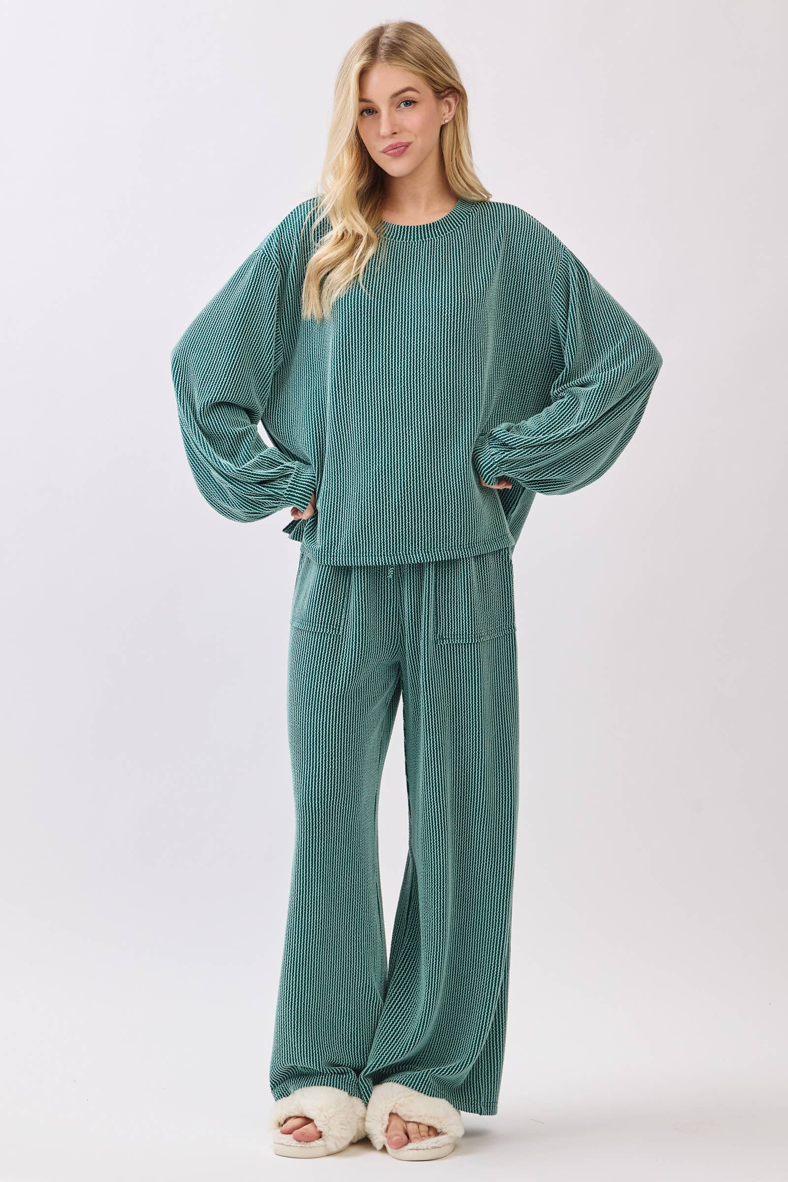 Teal Ribbed Knit Top and Wide Leg Pants Set
