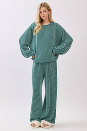Teal Ribbed Knit Top and Wide Leg Pants Set