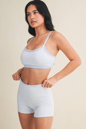 Blue Gingham Layered Sports Bra
