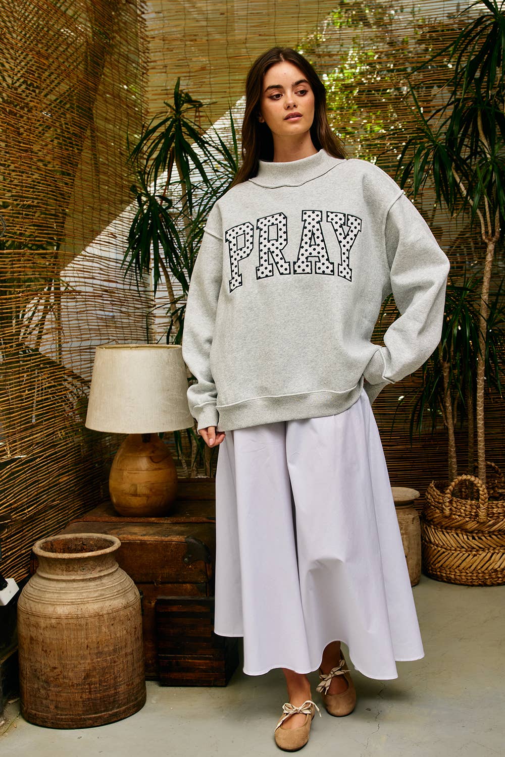 Gray Pray Embroidered Mock Neck